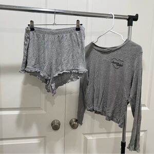 H&M Light Gray Two-Piece Lounge Set — Long Sleeve Top & Ruffle-Hem Shorts